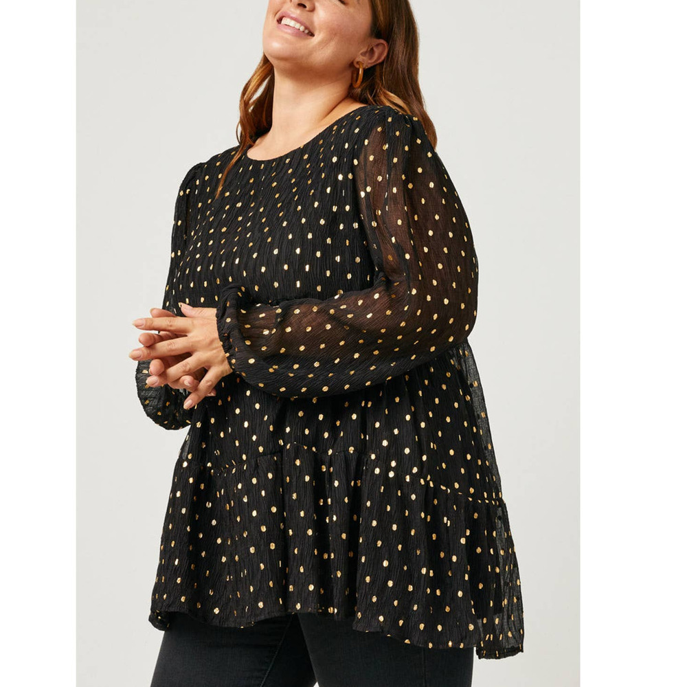 HAYDEN Goldie Black Babydoll Metallic Dot Tiered Tunic Top Plus 3XL - Picture 3 of 6